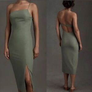 BHLDN Sage Green One Shoulder Midi Dress